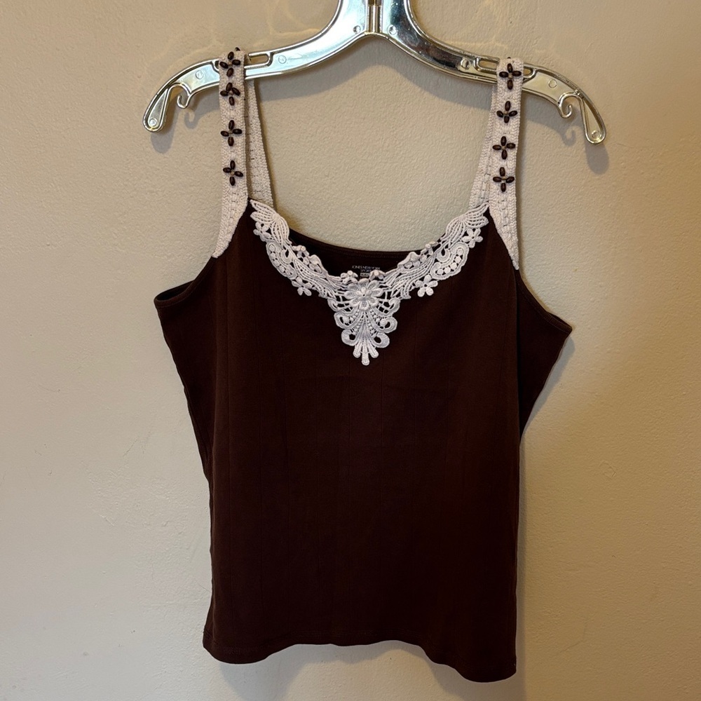 Jones New York Chocolate Camisole with White Floral Lace